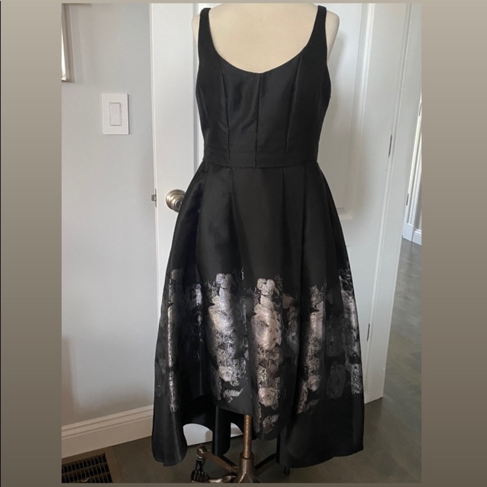 Betsy & Adam High Low Metallic Gown Black Tie